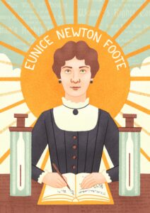 Drawing of Eunice Foote writing in a notebook with the sun and clouds in the background. 